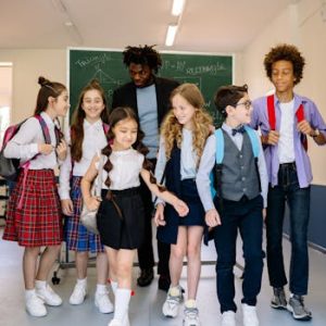 Group of schoolchildren with their teacher walking together inside a classroom